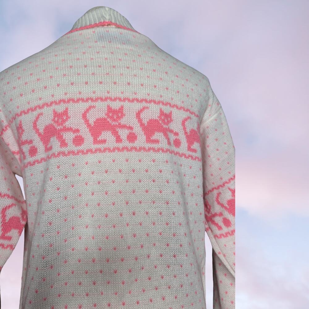 Vintage 80s White with Hot Pink Kitty Cat Knit Pastel Goth Sweater Pullover Tops - Picture 4 of 5